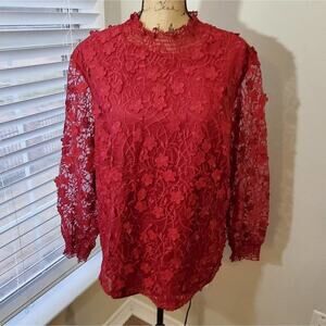 ADIVA red floral lace puffed sleeve‎ blouse plus size 2X NEW!!!